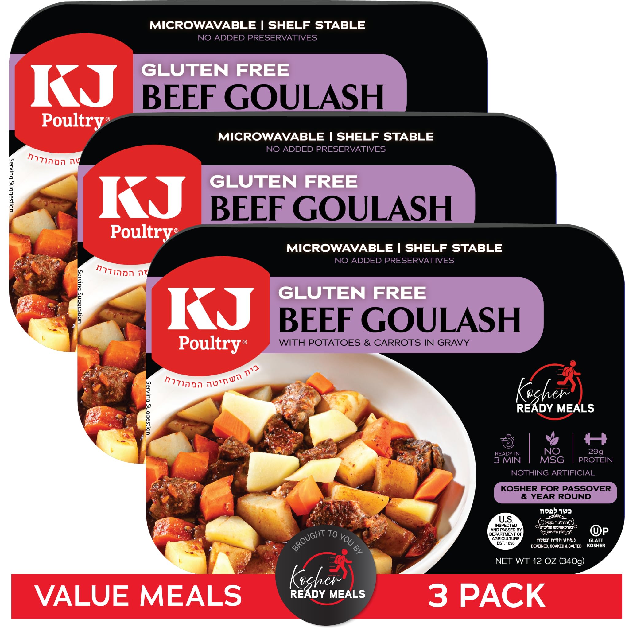 KJ Poultry Kosher for Passover Gluten Free Meals, Beef Goulash Stew with Vegetab