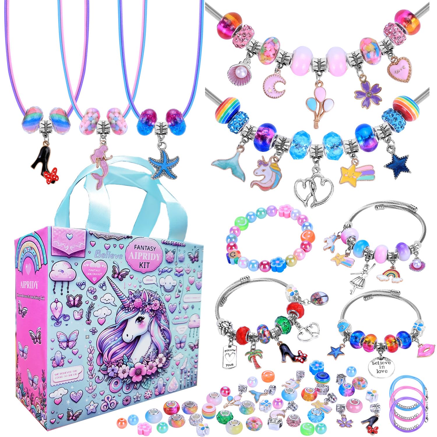 AIPRIDY 208 Pieces Charm Bracelet Making Kit,Unicorn Mermaid Crafts Gifts Set Ca