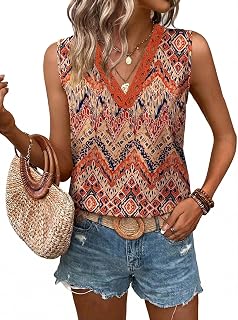 Sipaya Tank Top for Women Trendy Beach Vacation Clothes Lace Tops for Women V Neck Summer Outfits Sleeveless Boho Tops