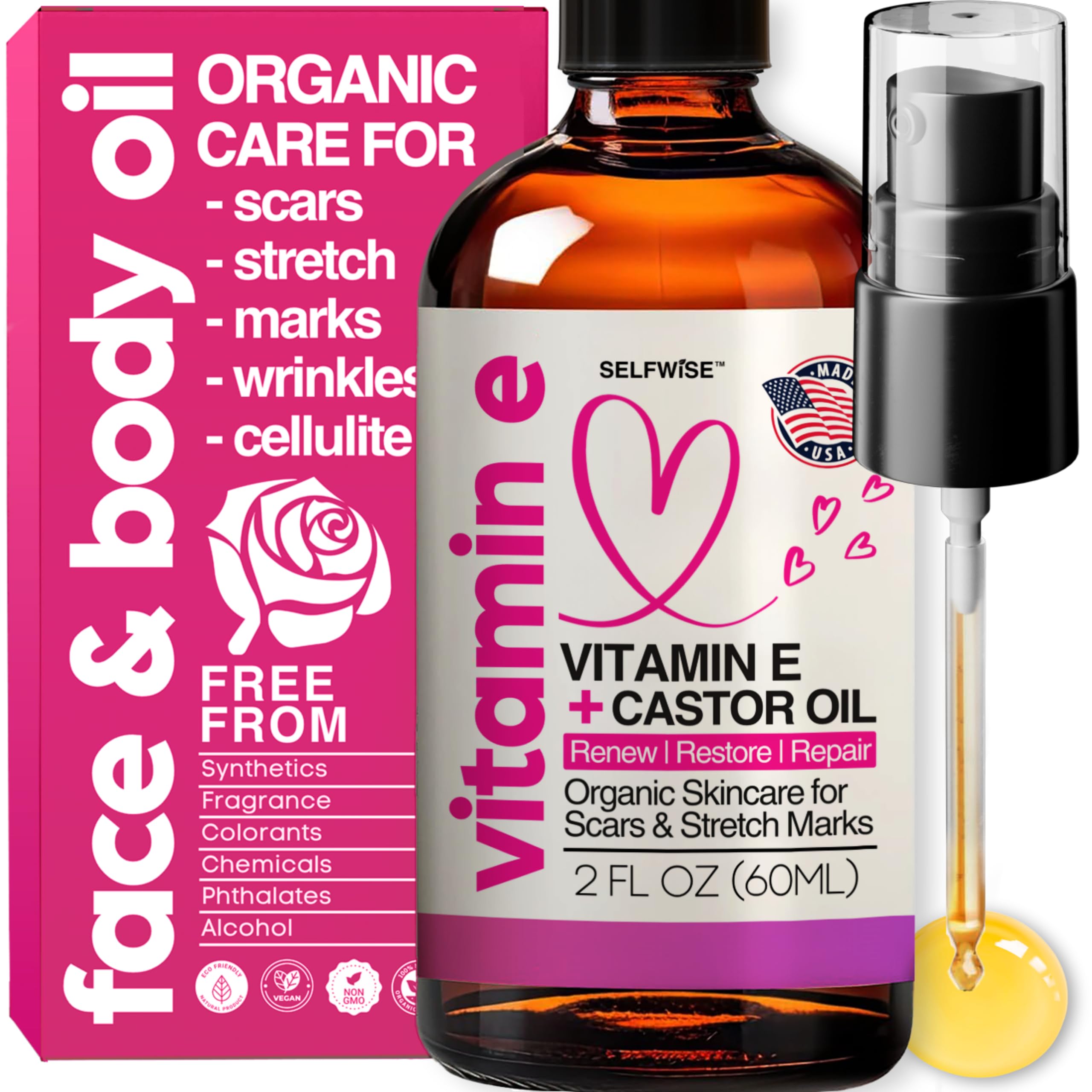 Organic Vitamin E Oil for Scars, Stretch Marks Removal, Wrinkles & Cellulite - S