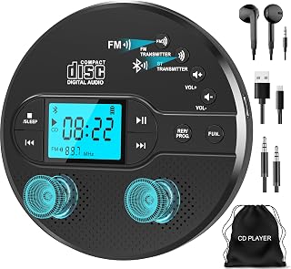 Sunoony Portable CD Player with Bluetooth & Speaker, FM Transmitter for Car | 9H Rechargeable with Anti-Skip, Supports CD/MP3, USB/AUX Output, CD Player with Headphones for Home/Road Trips/Seniors (Black