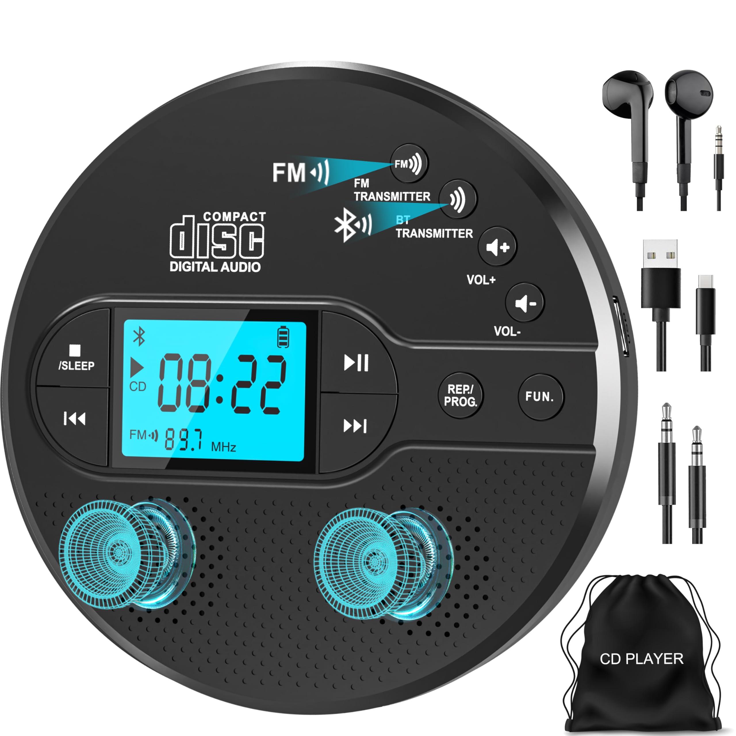 Sunoony Portable CD Player with Bluetooth & Speaker, FM Transmitter for Car | 9H