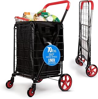 SereneLife Small Compact Folding Shopping Cart with Removable Waterproof Liner – 360° Swivel Wheels, Rust‑Proof Steel Frame, 70 lb Capacity – Portable Grocery, Laundry & Travel Cart (Red)