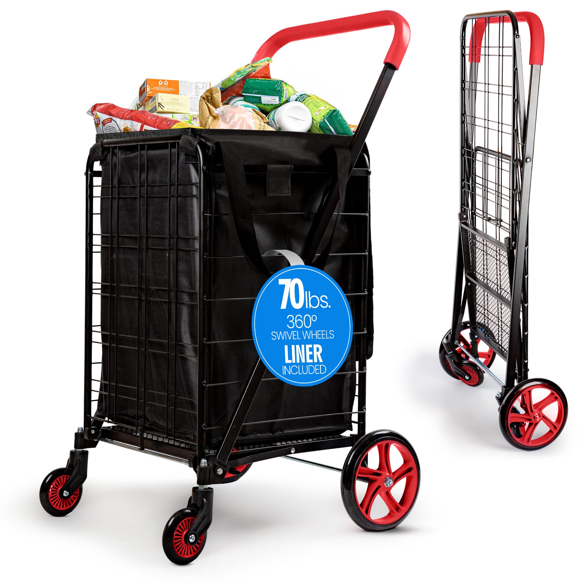 SereneLife Small Compact Folding Shopping Cart with Removable Waterproof Liner –