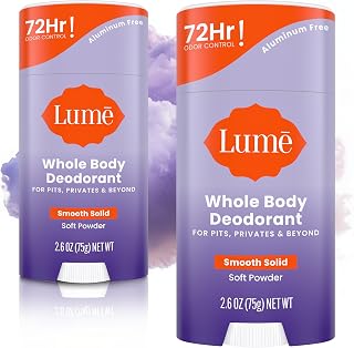 Lume Whole Body Deodorant - Solid Stick - 2.6 oz, 2 pk (Soft Powder) | 72-Hour Odor Control, Aluminum & Baking Soda Free, Skin-Safe, Whole-Body Deodorant for Women