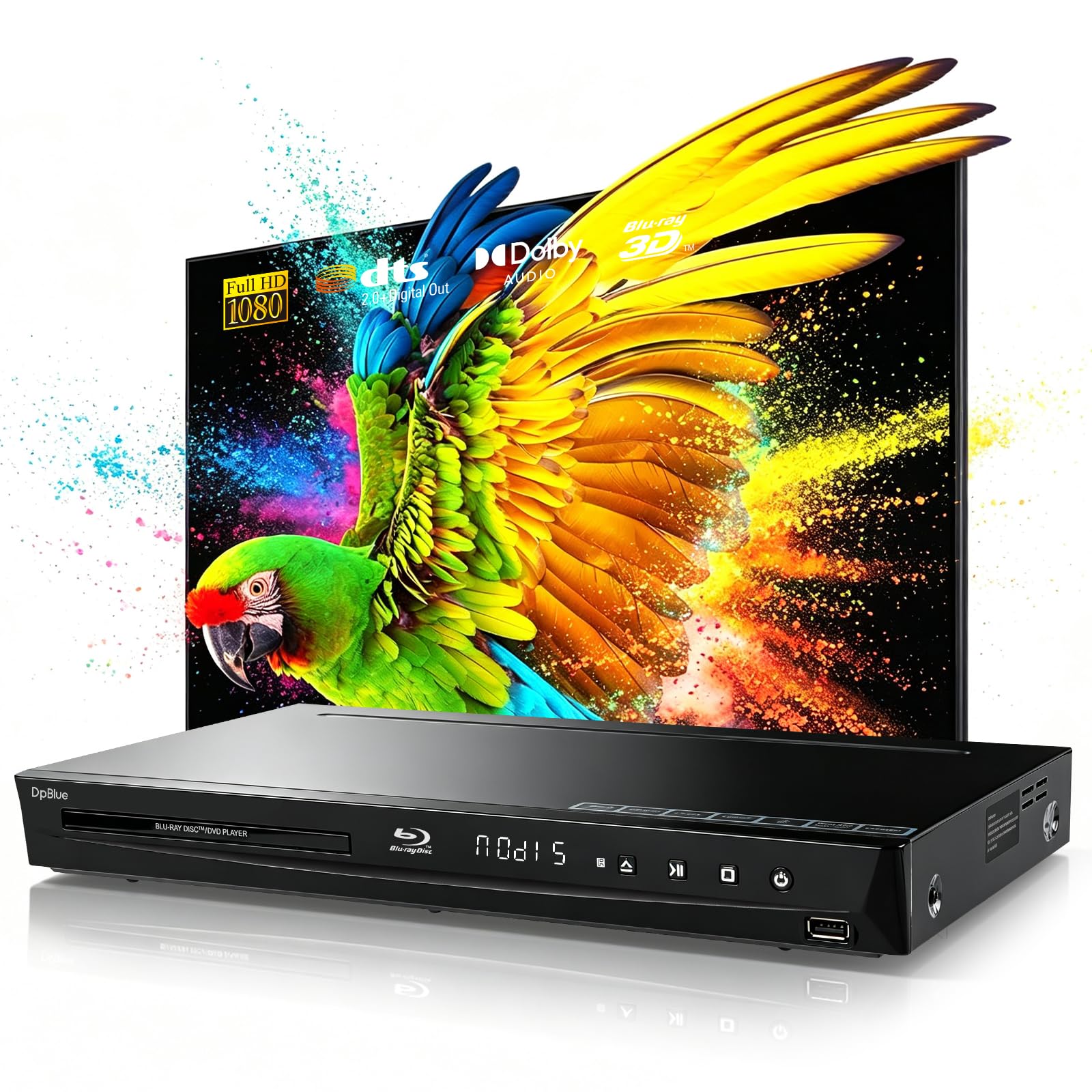 DpBlue 1080P 3D Blu-ray DVD Player for Home Theater, 5.1 Channel Audio Out | Ful