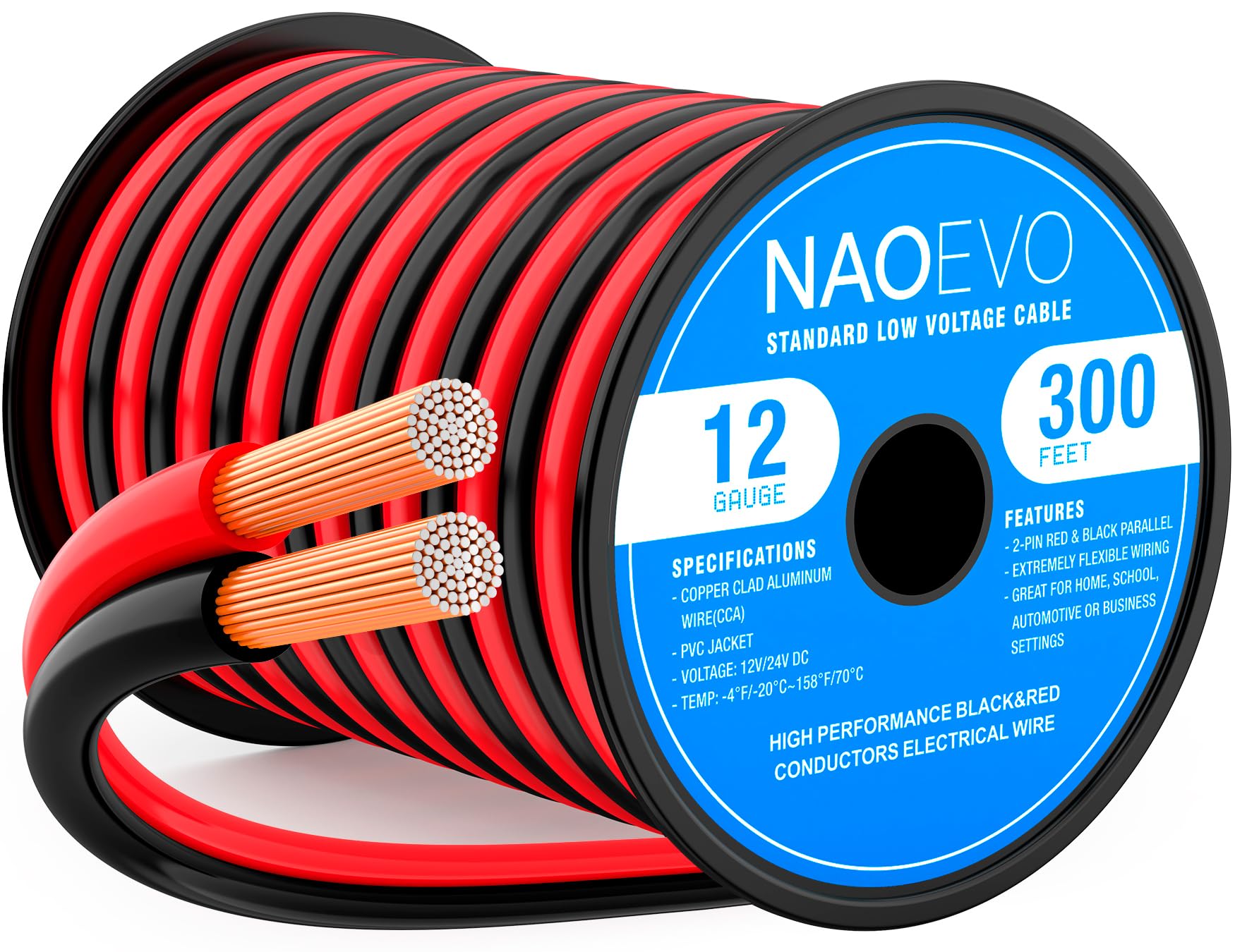 NAOEVO 12 Gauge Wire 2 Conductors, CCA Red Black Electrical Wire, 300FT