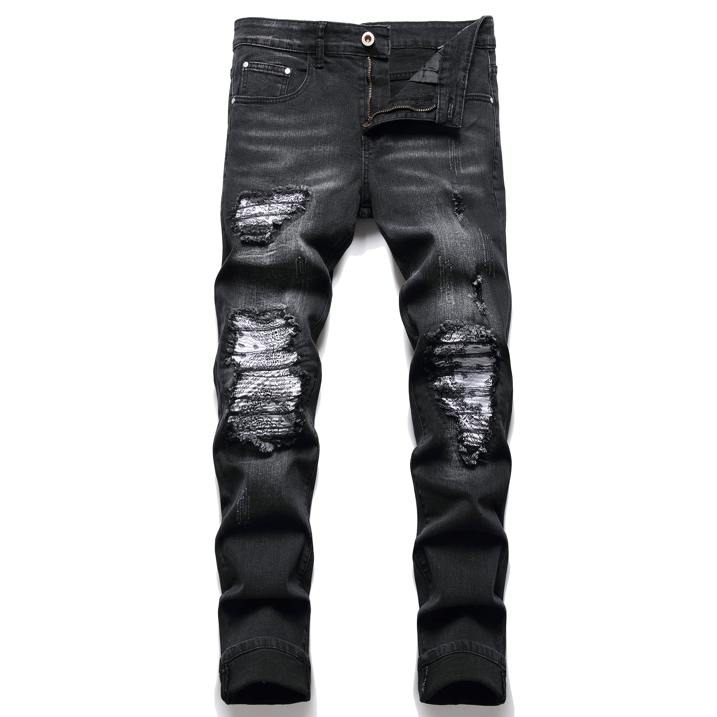 OIIIO Men's Patch Ripped Stretch Regular Fit Jean