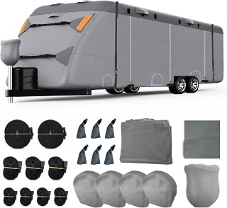 QIOMALA Travel Trailer Cover 30-33 FT, Anti-Tear 7 Layers Heavy Duty Camper Cover, Waterproof, Includes Tire and Gutter Covers, Tongue Jack Cover, Fits Motorhome RV, Toy Hauler
