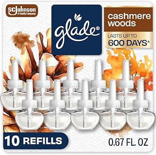 Glade PlugIns Air Freshener Refills, Cashmere Woods, 10 Count | 0.67 fl oz Each, Includes 10 Refills, Scented and Essential Oils for Home and Bathroom Use, Fits Glade PlugIn Warmer
