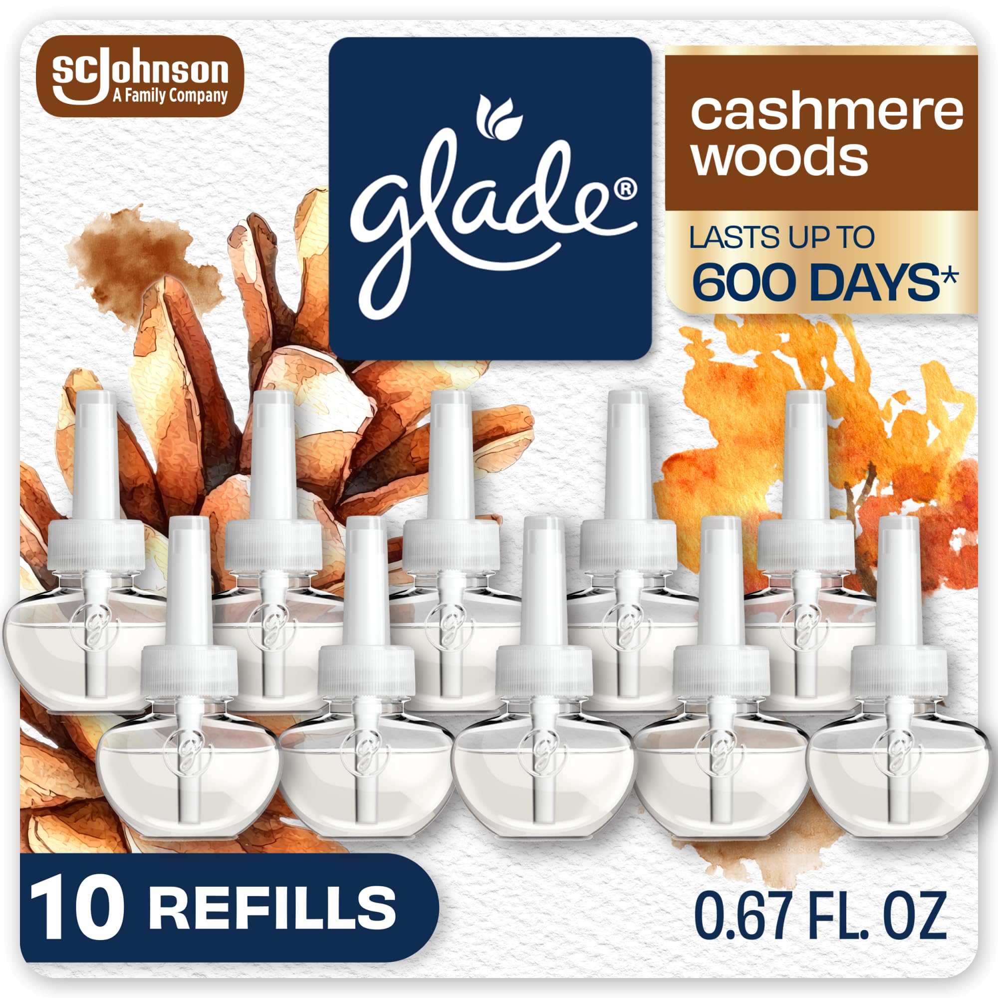 Glade PlugIns Air Freshener Refills, Cashmere Woods, 10 Count | 0.67 fl oz Each,