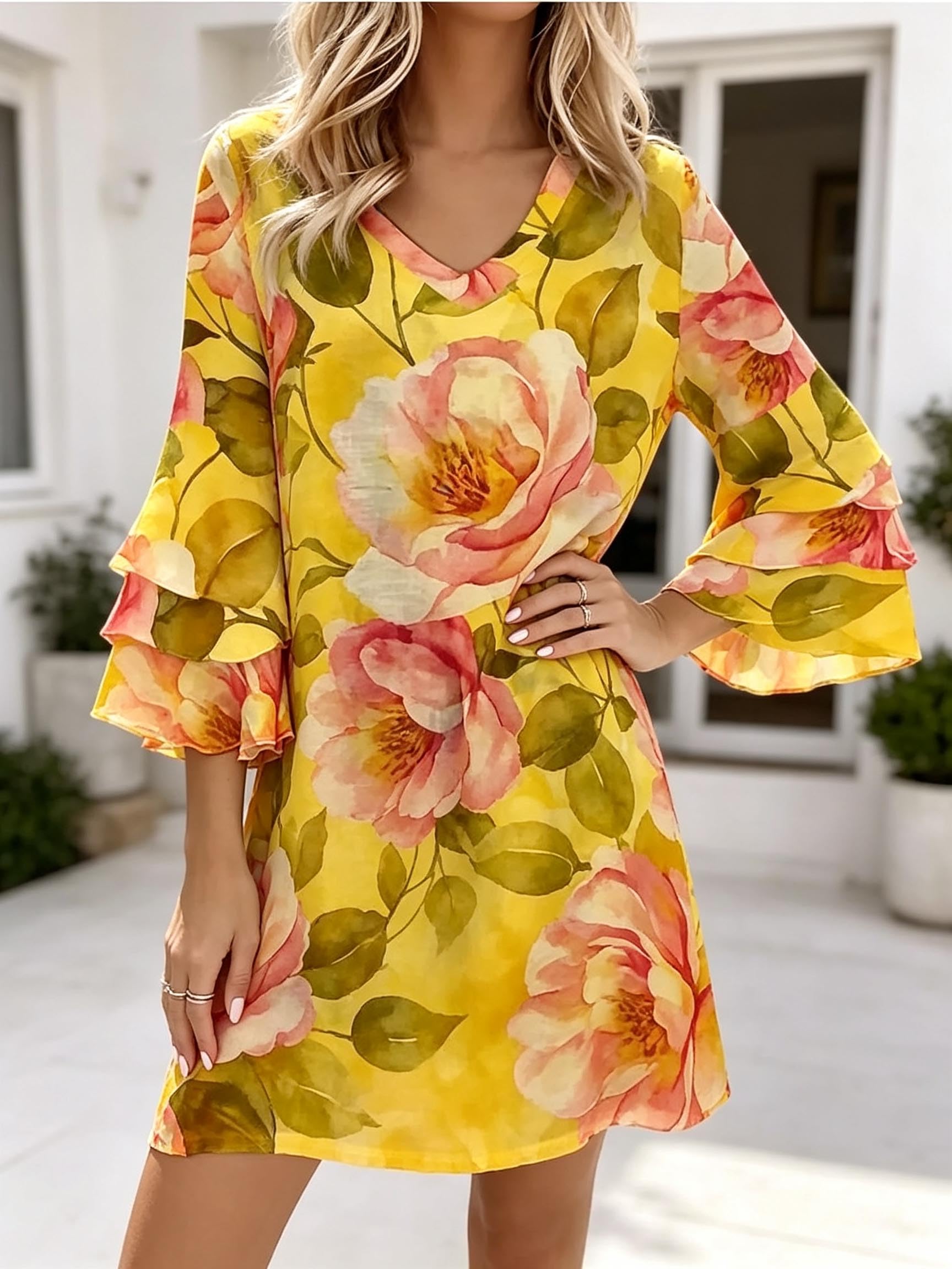 Women's Floral Print V Neck Bell Sleeve Vintage Lightweight Casual Holiday Beach
