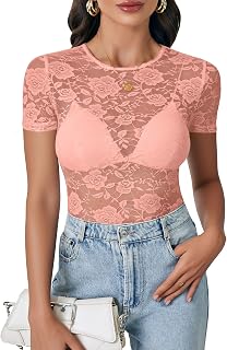LYANER Women's Lace Top Short Sleeve Crewneck Fitted Mesh Sheer T-Shirt