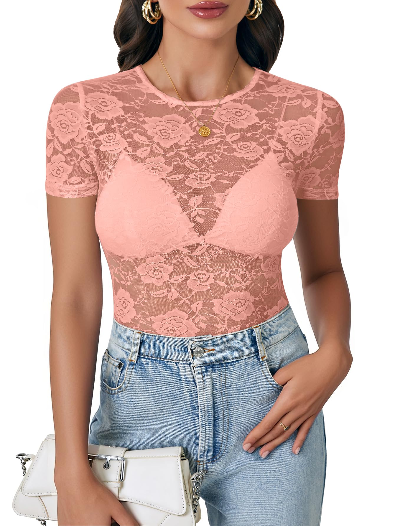 LYANER Women's Lace Top Short Sleeve Crewneck Fitted Mesh Sheer T-Shirt