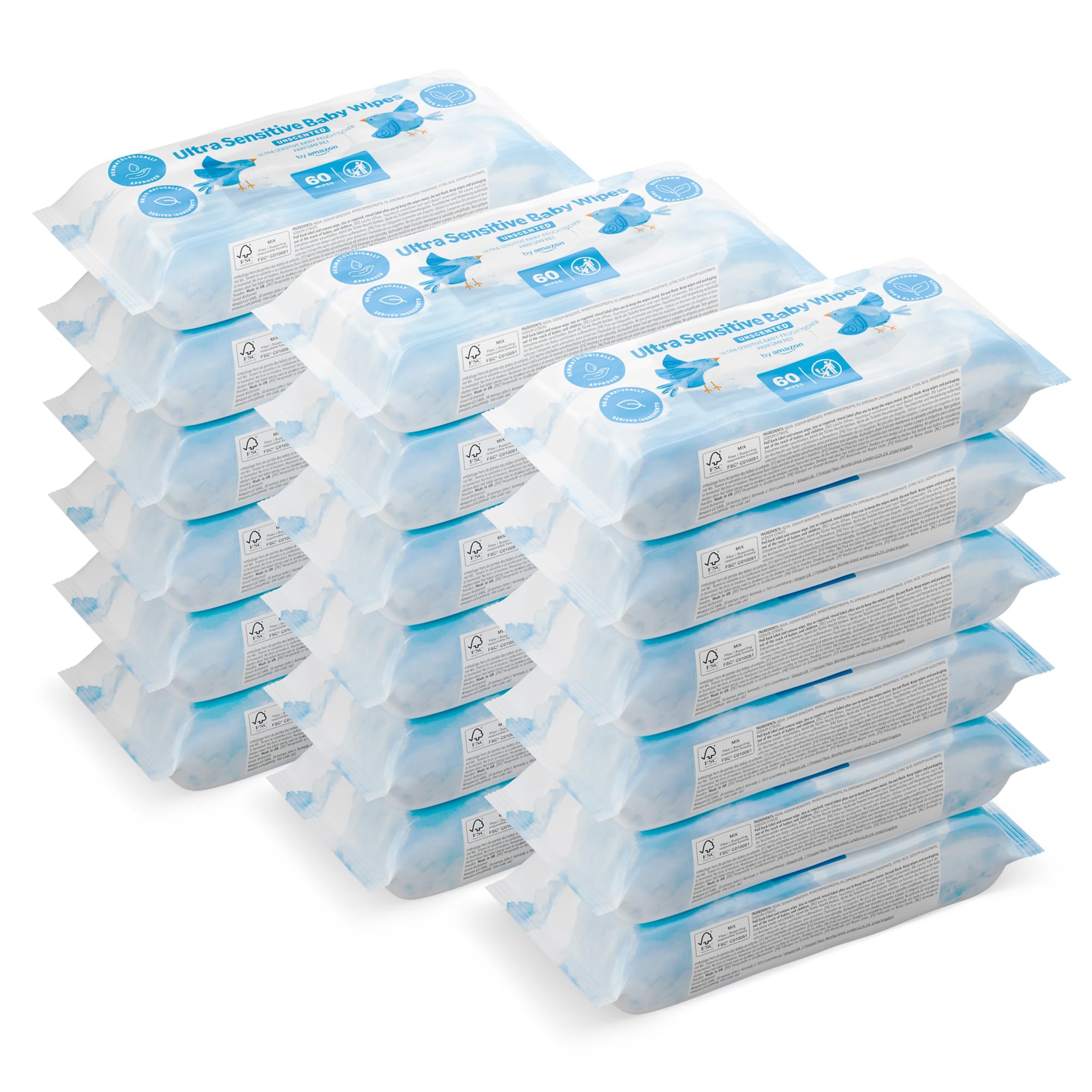 by Amazon Ultra Sensitive Baby Wipes, 99% Water, 1080 Wipes, Unscented, 18 Pack 