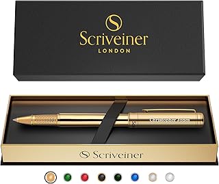 Scriveiner Personalised Gold Rollerball Pen - Stunning Luxury Pen, Real Gold Plating, Schmidt Ink Refill, Best Engraved Roller Ball Gift Set for Men & Women, Custom Name Engraving