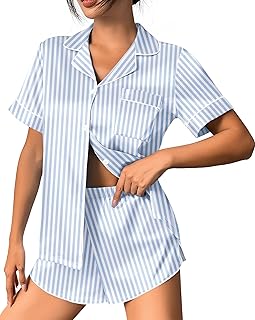 Ekouaer Women Silk Satin Pajamas Set Printed Short Sleeve Button Down Pajama Set Lounge Shorts