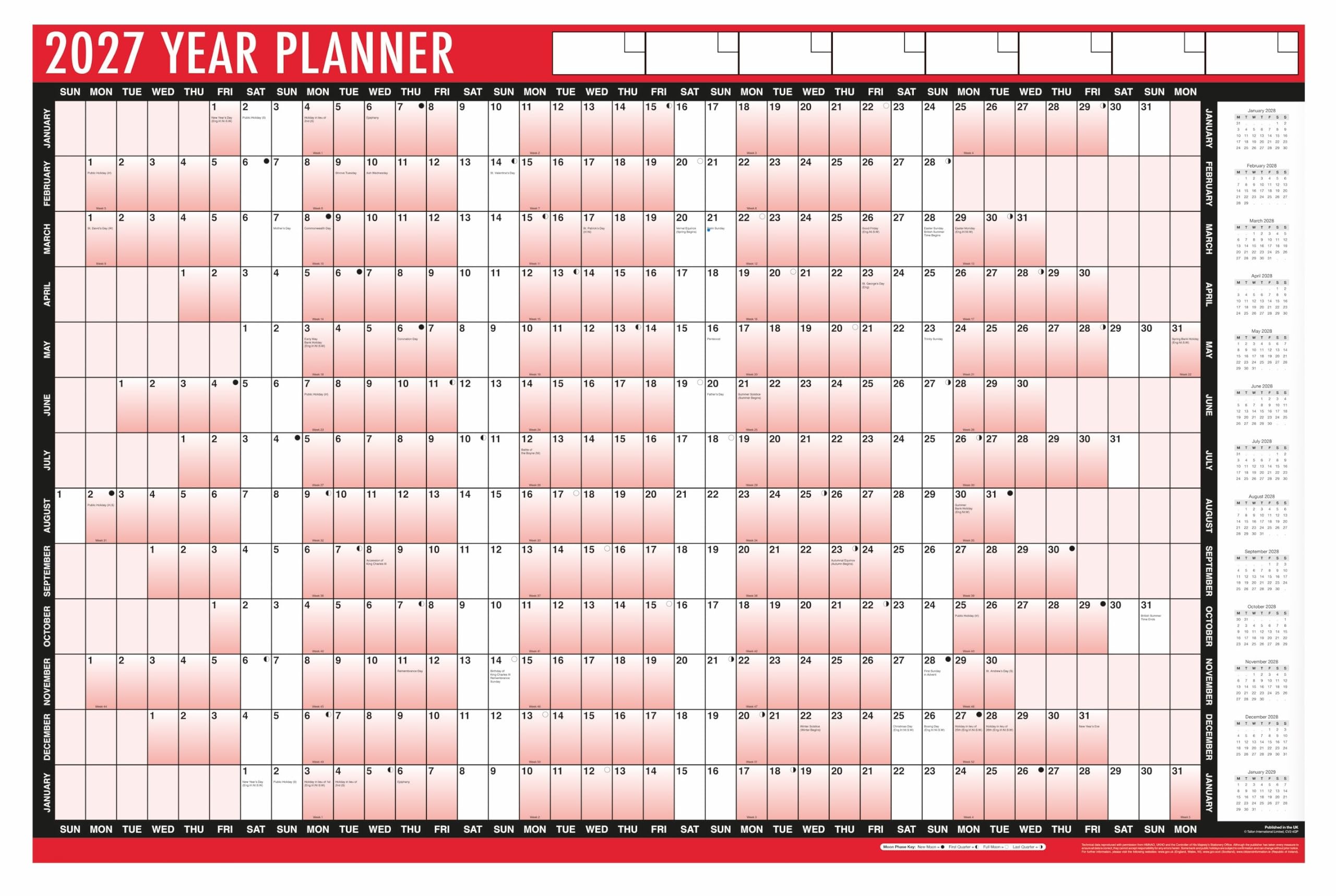 2027 Wall Planner A1 Calendar Large 85cm X 58cm | Laminated, Unmounted, With Sti