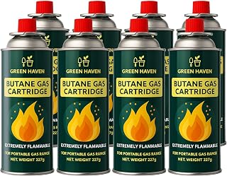 Green Haven Camping Gas | Butane Gas Canisters for Camping 8 Pack - EN417 | NON-THREADED VALVE: propane · BBQ · outdoor cooking · weed burner · lantern · portable · reliable
