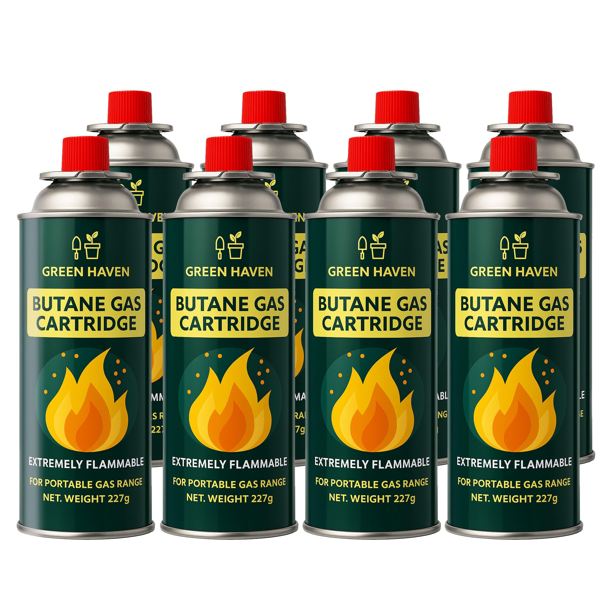Green Haven Camping Gas | Butane Gas Canisters for Camping 8 Pack - EN417 | NON-