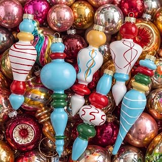Soaoo 6 Pcs 6.3 in Vintage Christmas Glass Finial Ornaments for Tree