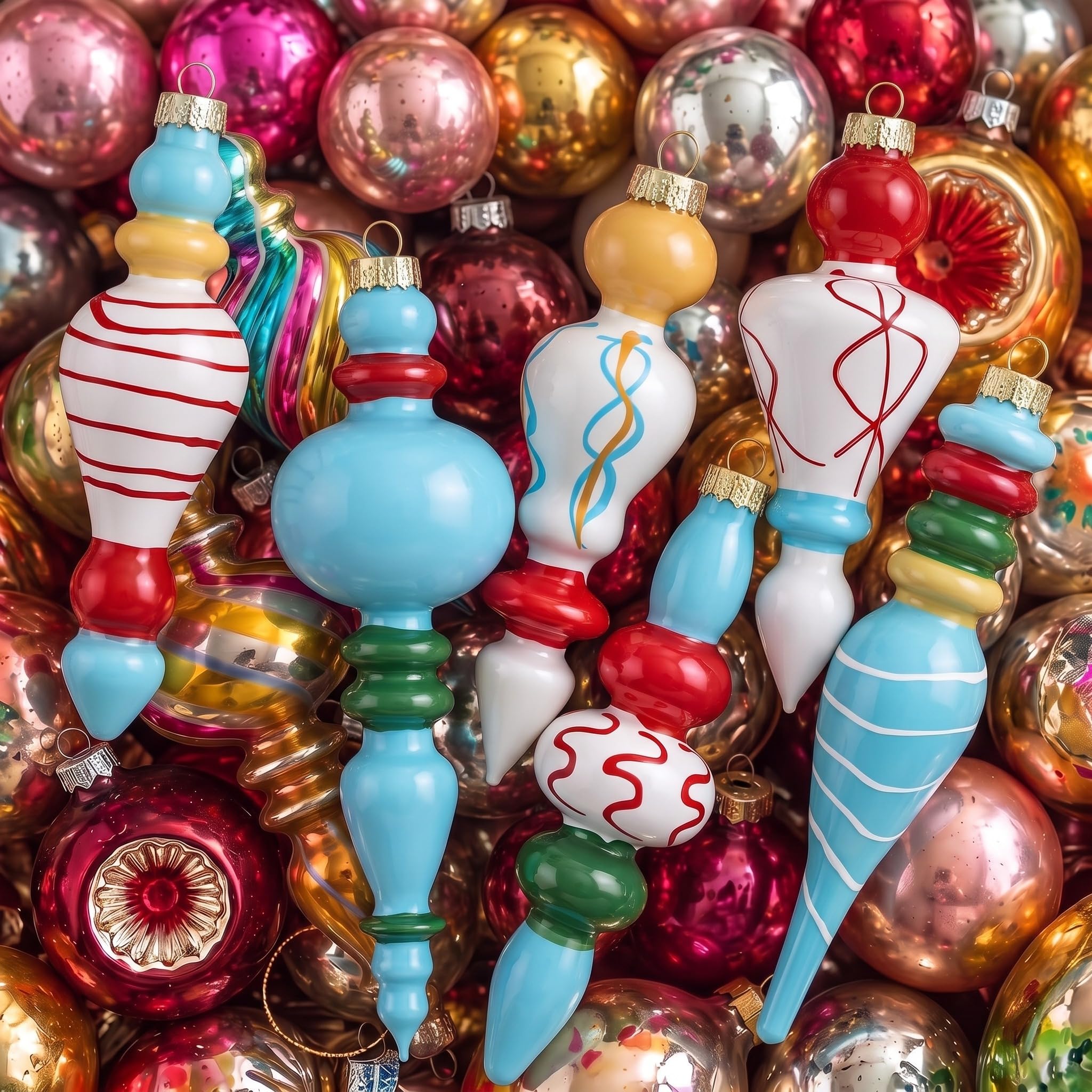 Soaoo 6 Pcs 6.3 in Vintage Christmas Glass Finial Ornaments for Tree