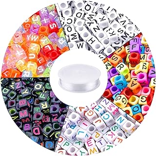 Augshy 1400pcs 5 Color Cube Alphabet Bead,Letter Beads DIY Activity Craft | 6mm Acrylic Beads Crafts Charms with 1 Roll 50M Crystal String Cord for Jewelry Bracelets Making Hair Beads Friendship