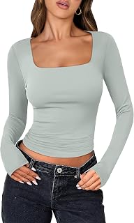 ANRABESS Women Double Lined Long Sleeve Crop Tops Shirts Square Neck Tight Fitted Going Out T-Shirt Basic Tee Outfits 2026