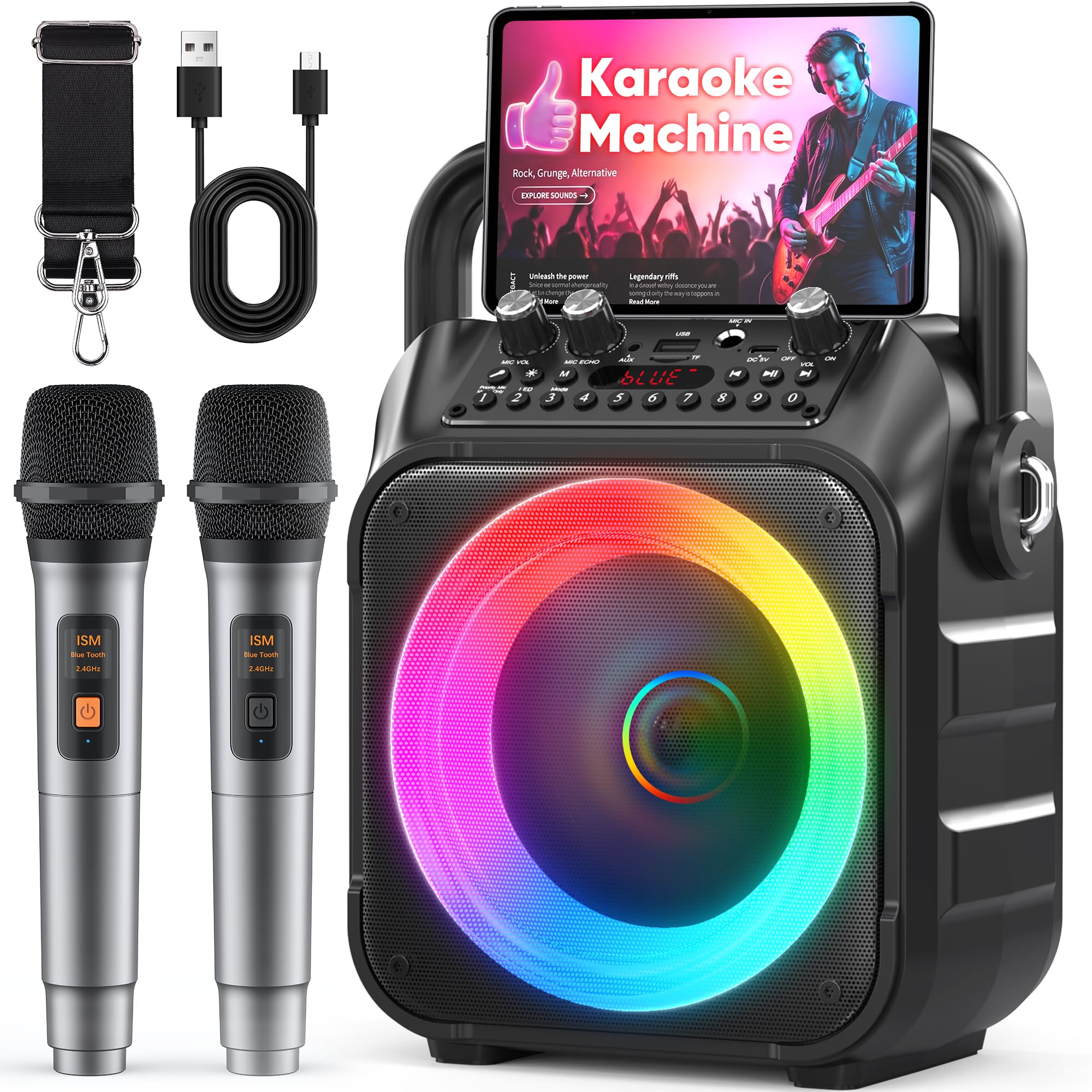 Karaoke Machine with 2 Wireless Microphones: Portable Bluetooth Karaoke Speaker 