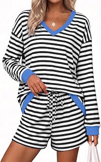 Ekouaer Set da salotto da donna, 2 pezzi, a maniche lunghe, casual, a righe