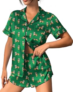Ekouaer Womens Silk Satin Print Short Sleeve Button Down Shorts Pyjamas Lounge Wear