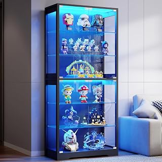 BROTTAR 71" Tall Display Cabinet with Glass Door and 3-Color Lights, Black | 6-Tier Curio Cabinet for Collectibles, Display Case with Adjustable Glass Shelves, Human Body Sensor, Storage Cabinets