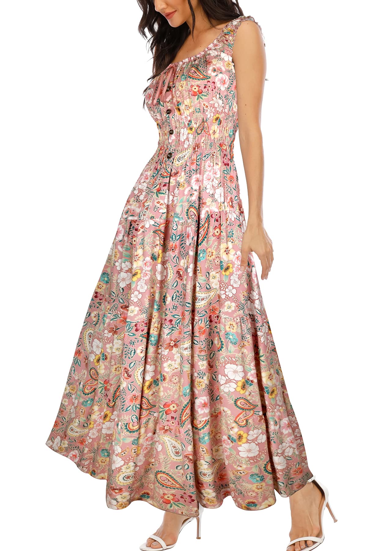 OSTOO Women's Summer 2025 Short Sleeve Boho Floral Print Multi-Layer Long Dress 