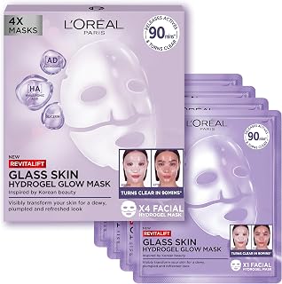 L'Oreal Paris Glass Skin Hydrogel Sheet Face Masks, Korean Inspired, 4 Pcs | Korean Inspired Skincare, Visibly Transform Skin, Dewy Plumped & Refreshed Look, with Hyaluronic Acid, Adenosine & Glycerin