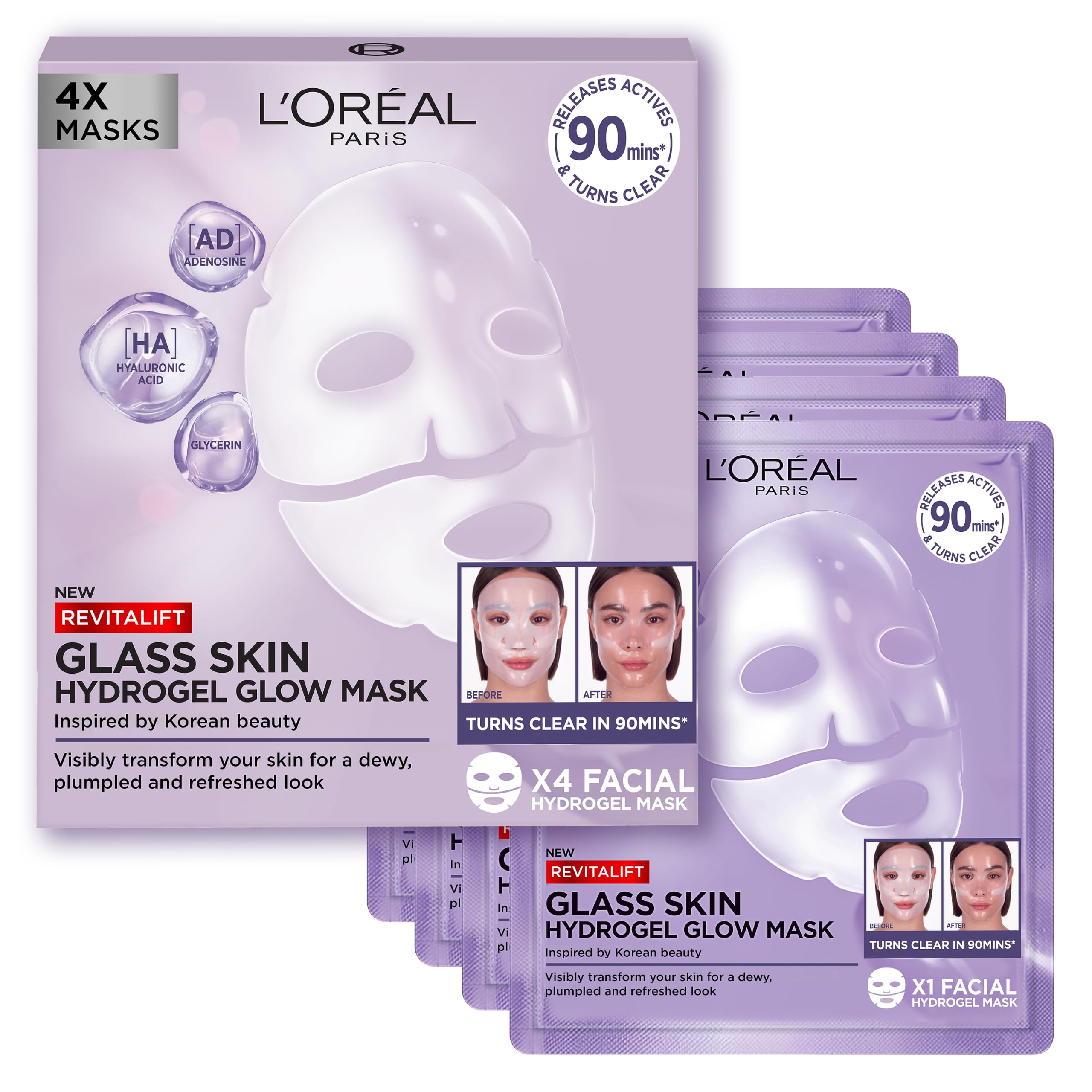 L'Oreal Paris Glass Skin Hydrogel Sheet Face Masks, Korean Inspired, 4 Pcs | Kor