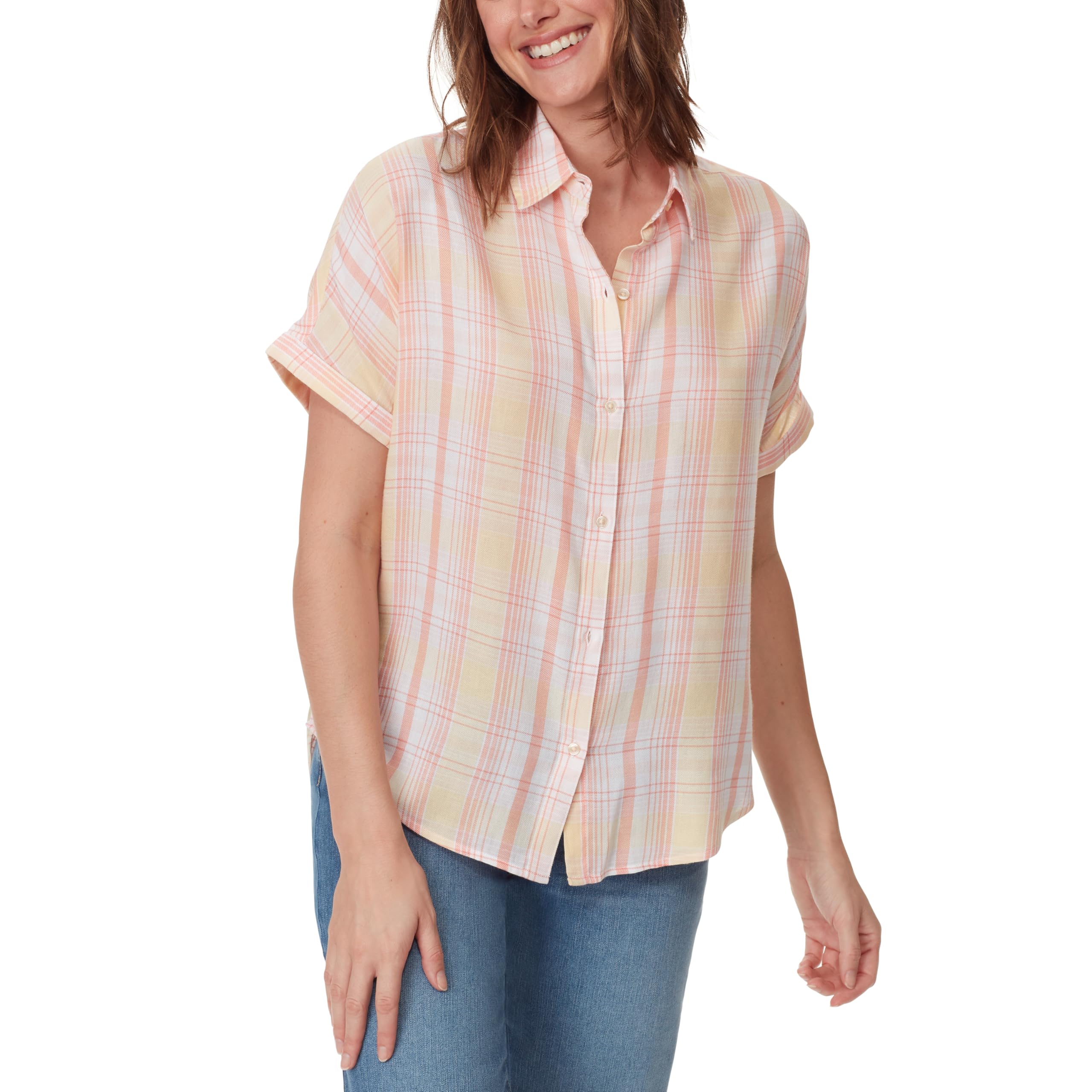 Gloria Vanderbilt Daisy Short Sleeve High-Low Button Down Shirt Standard Daisy S