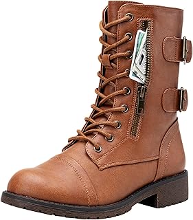 Vepose Women's Lace Up Mid Calf Combat Boots with Functional Pocket