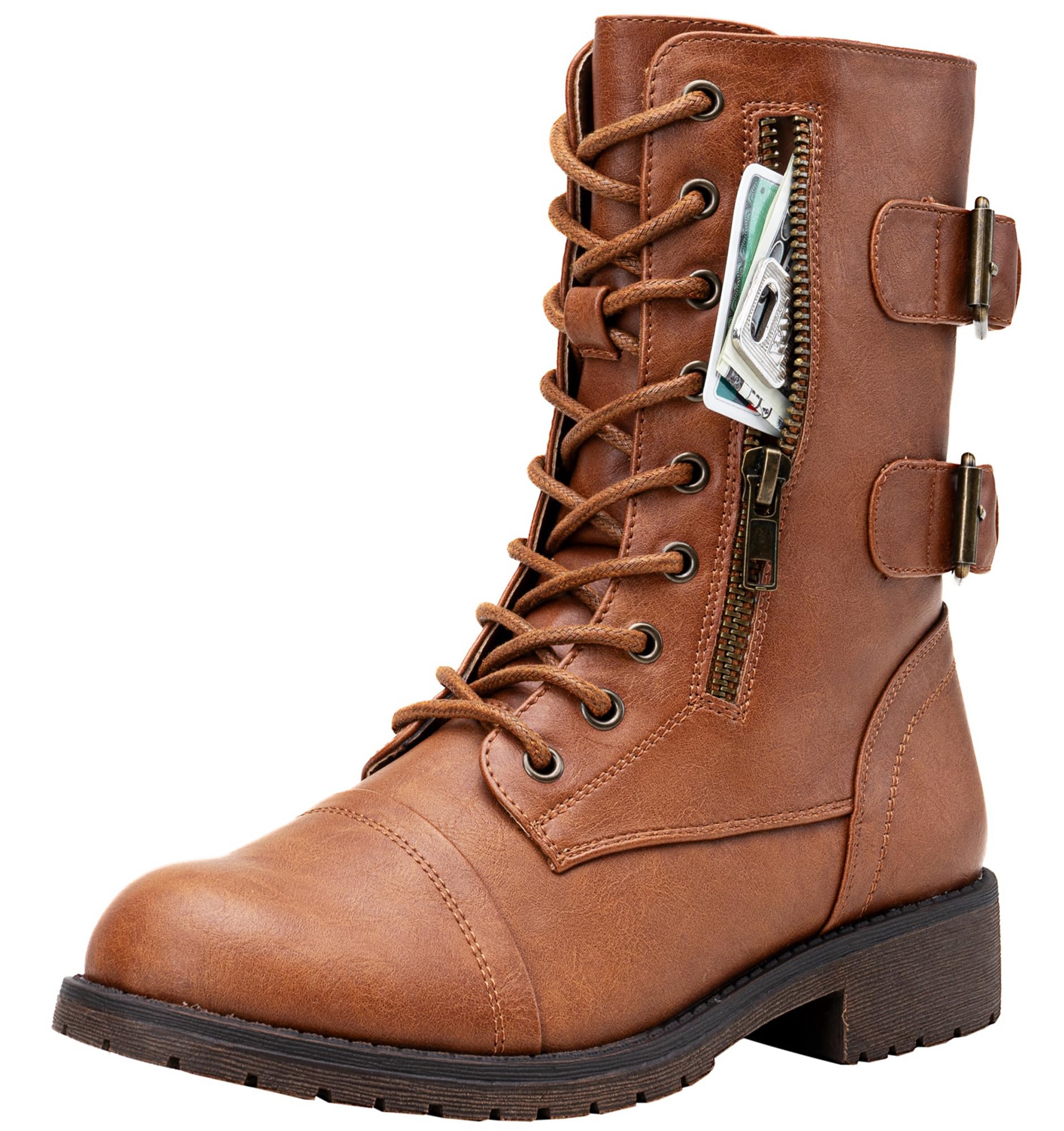 Vepose Women's Lace Up Mid Calf Combat Boots with Functional Pocket