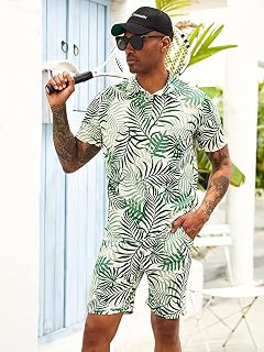 Men's Summer Outfits 2 Piece Short Sleeve Button Down Shirt and Shorts Casual Holiday Beach Tracksuit