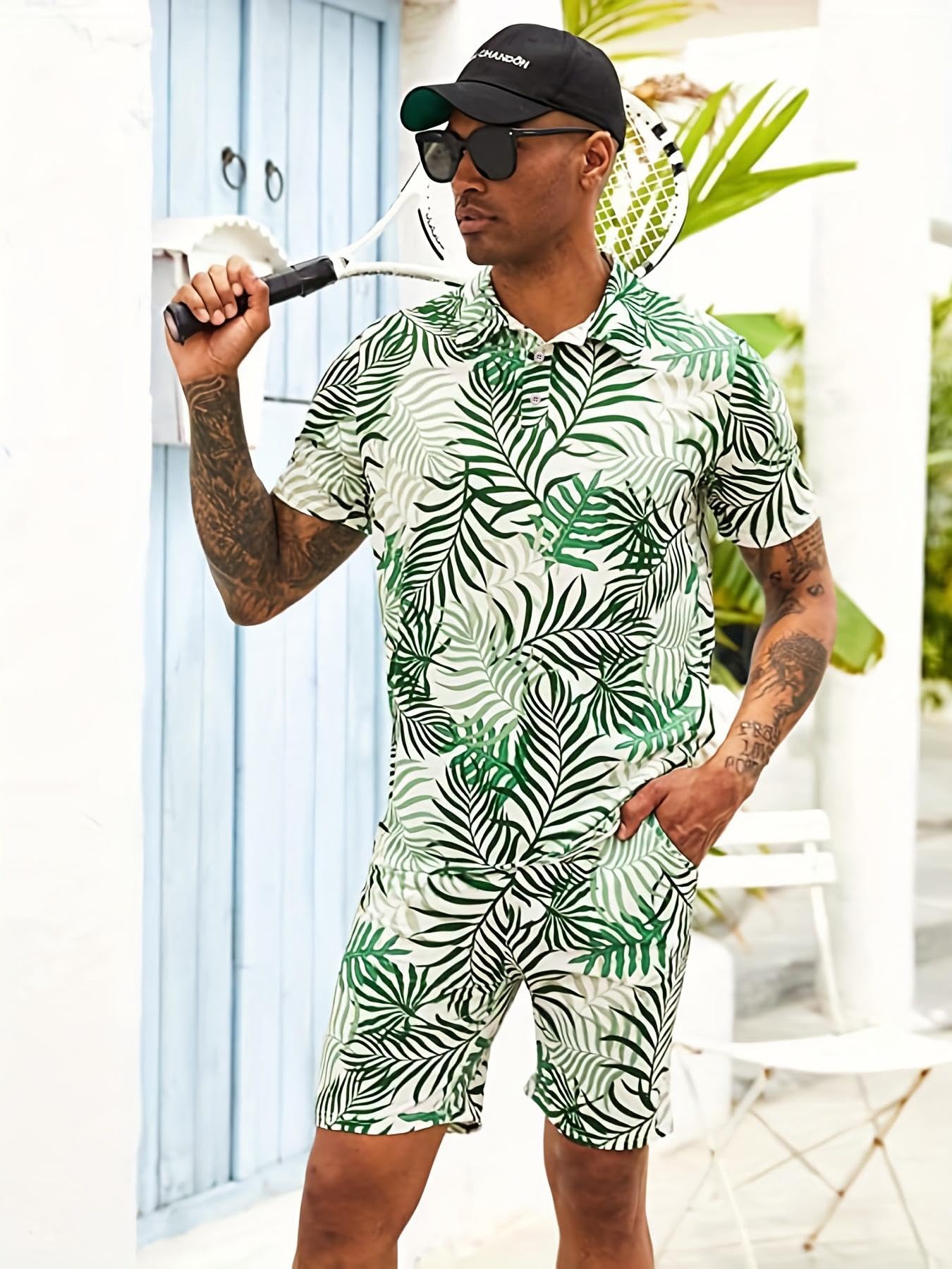 Men's Summer Outfits 2 Piece Short Sleeve Button Down Shirt and Shorts Casual Ho