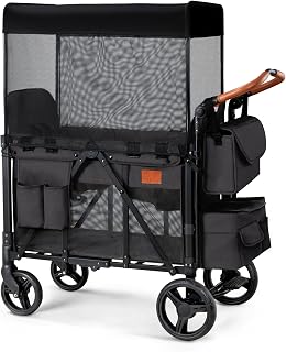 ZTDM Wagon Stroller for 2 Kids, High Seat &amp; 5 Point Harness, Foldable All-Terrain Wagon for Toddler with Canopy, Parent Organizer, Shoulder Bag, Adjustable Handlebar, Ultimate Double (Black)