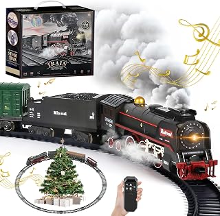 Christmas Electric Remote Control Train Set with Smoke, Lights, Sound, Locomotive, Cars and Remote Carriage, 3 Smoke Outlets, USB Rechargeable, with Track, Under Christmas Tree, Gifts for Kids 3+