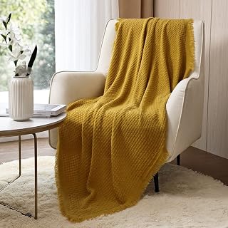 CREVENT Soft Lightweight Boho Crochet Decorative Spring Throw Blanket for Couch Sofa Chair Bed Home Decoration (127cmX152cm Mustard/Yellow)