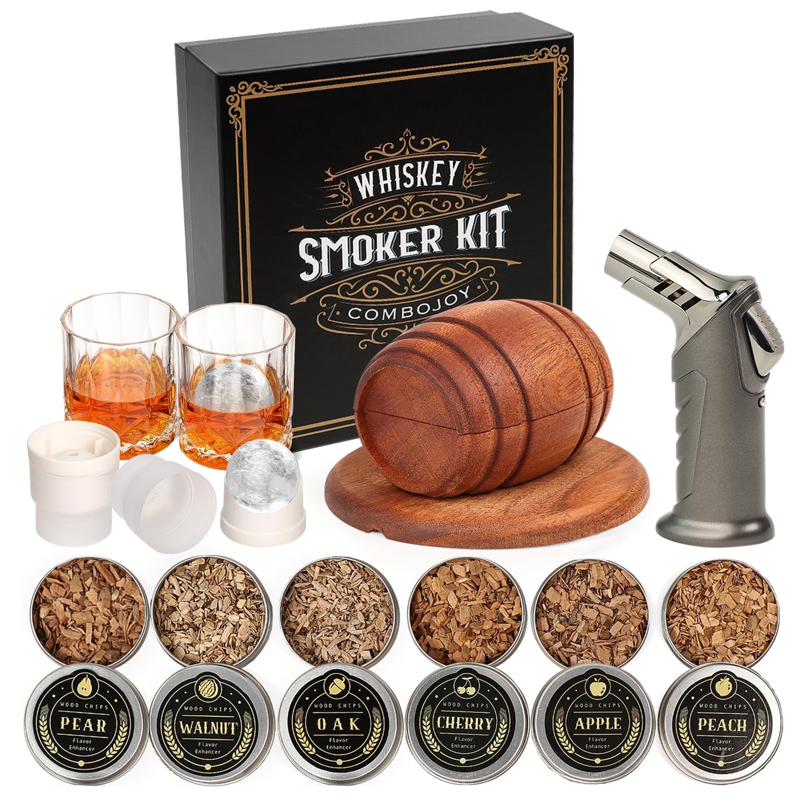 Whiskey Smoker Kit with Torch - 6 Flavors Wood Chips, 2 Glasses, 2 Ice Ball Mold