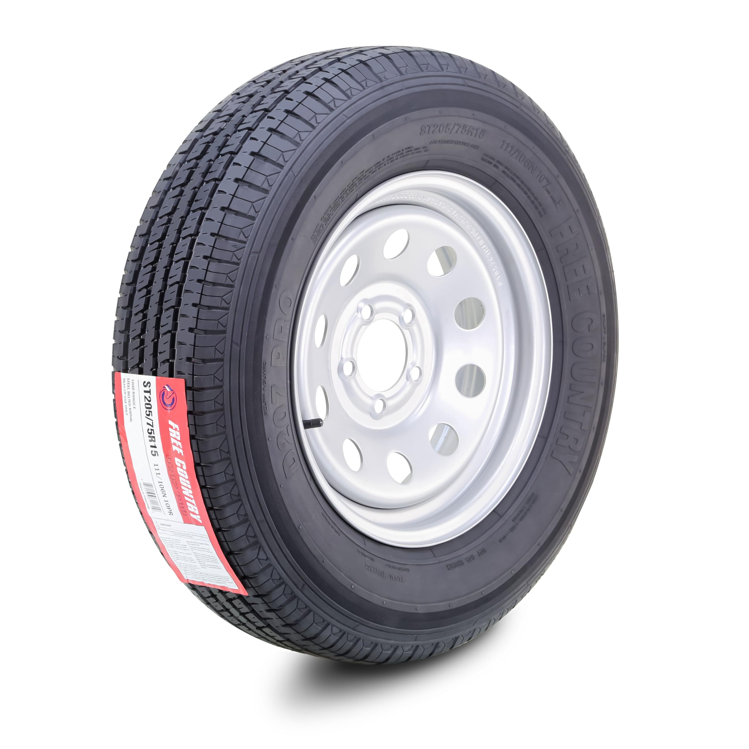 FREE COUNTRY Trailer Tire Wheel ST205/75R15 10-Ply E 111N 5X4.5" Silver Mod | He