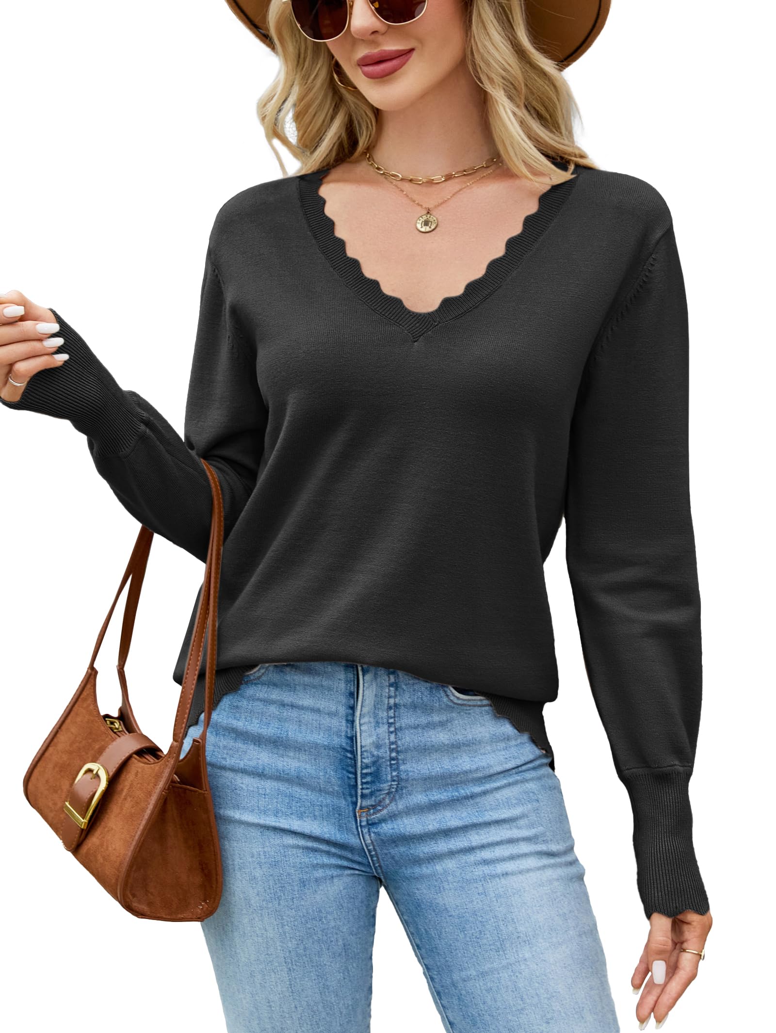Famulily Womens Sweaters UK Scalloped V Neck Sweaters Ladies Classic Long Sleeve