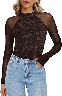 Zeagoo Long Sleeve Shirts for Women Floral Mesh Sheer Top Mock Neck Double Lined Fitted Going Out Blouses