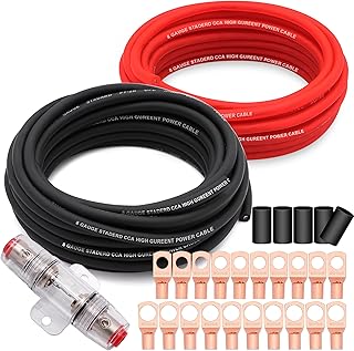 8 Gauge Wire Copper Clad Aluminum CCA 50FT Black/Red with 8ga lugs,60A Fuse Holder and Heat Shrink Tube - Battery Power/Ground Cable,Car Audio Speaker,RV Trailer Amp Wiring kit