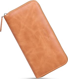 VISOUL Leather Long Zipper Pouch Wallet for Men and Women with RFID Blocking, Large Clutch Cash Long Wallet with Zipper (Tan)
