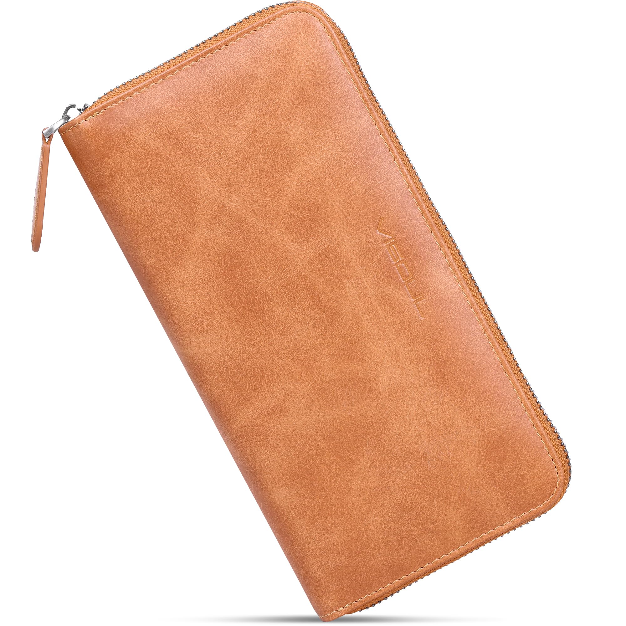 VISOUL Leather Long Zipper Pouch Wallet for Men and Women with RFID Blocking, La